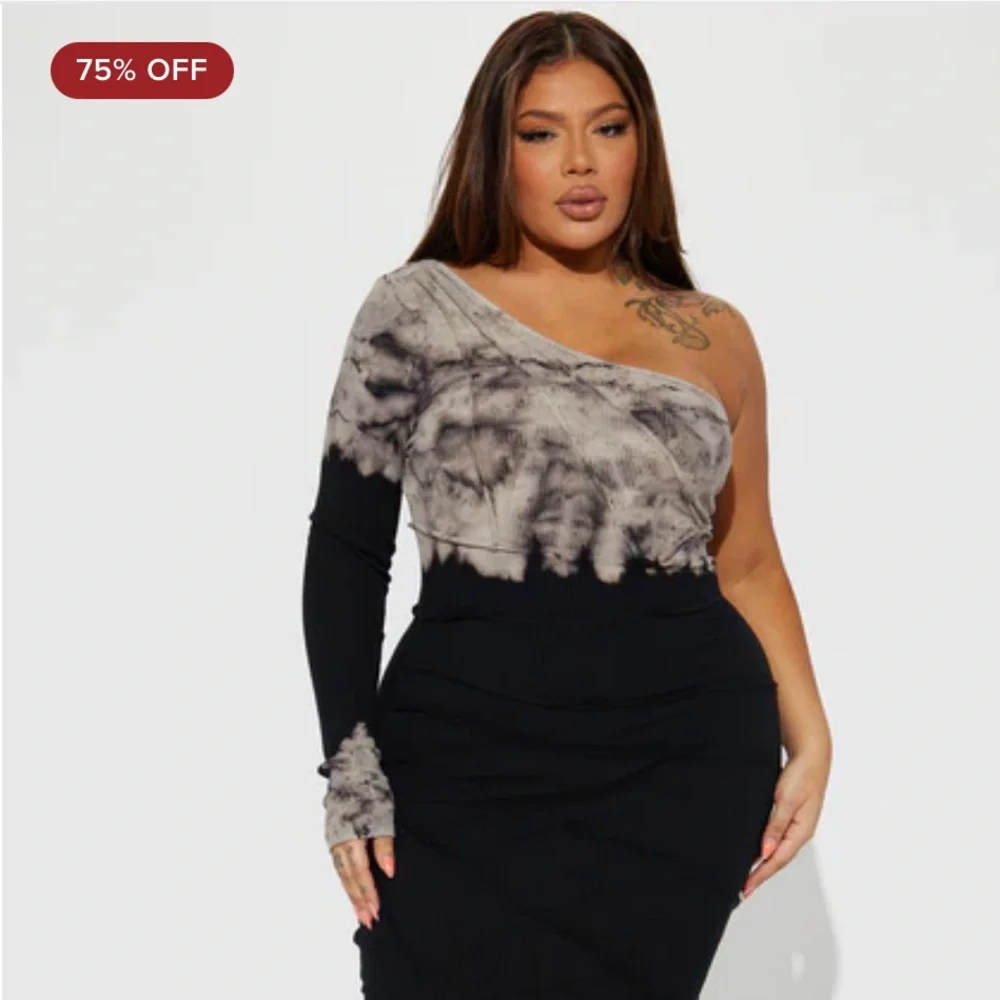 Caught In A Tie Dye Off-Shoulder Midi Dress - Black/Gray - Picture 4 of 9